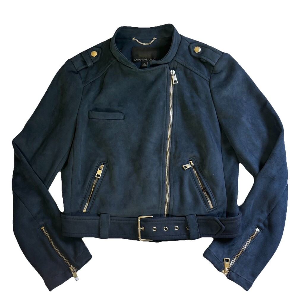 Banana Republic Faux Suede Motorcycle Jacket Women's S Blue Moto Biker Full-Zip